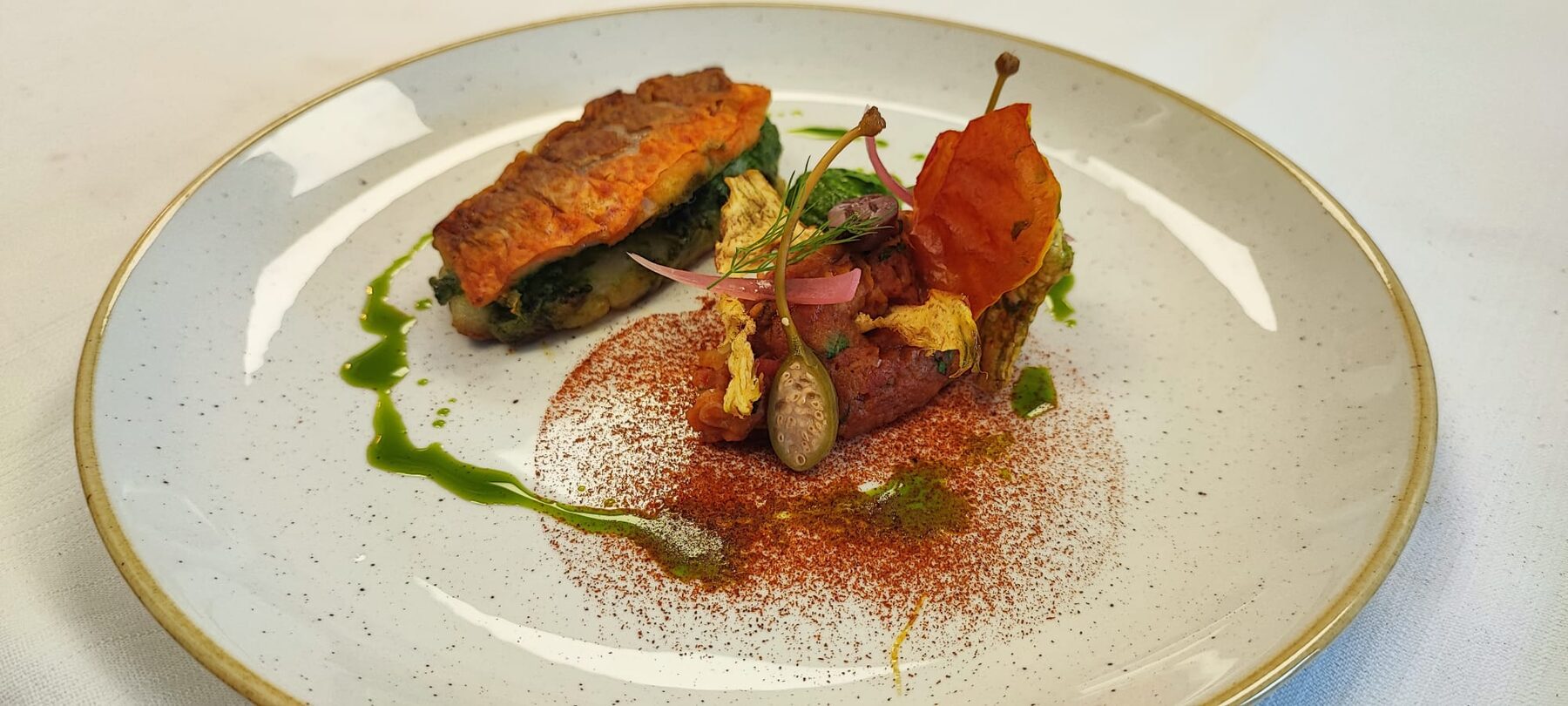 A composed plate with a stuffed fillet, tartare, and herb oil