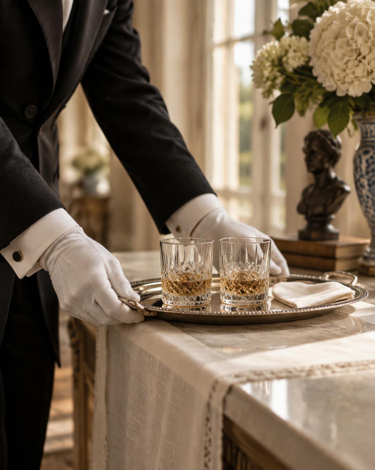 Illustration: gloved hands placing a tray with two glasses on a linen console