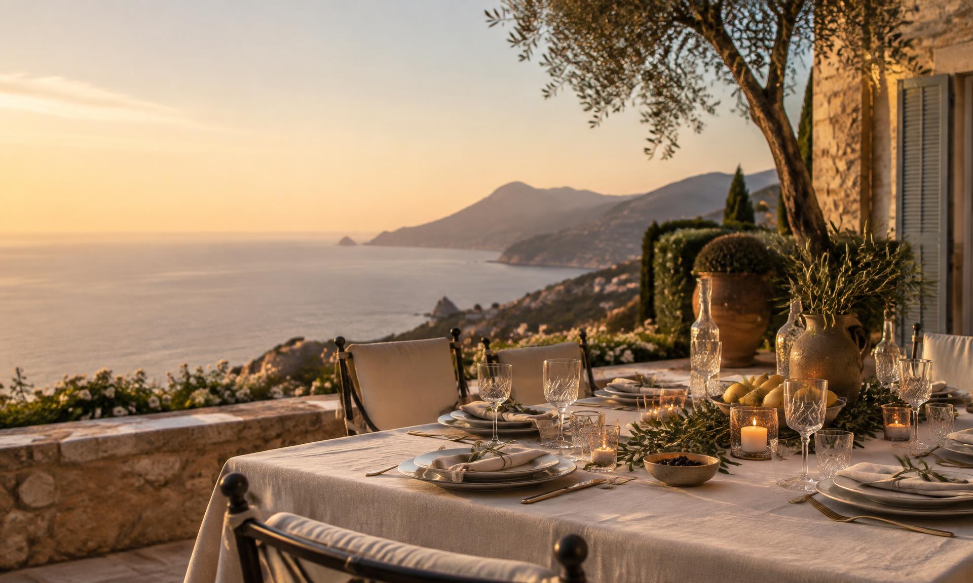 A dining table dressed in linen and crystal on a Riviera terrace at dusk
