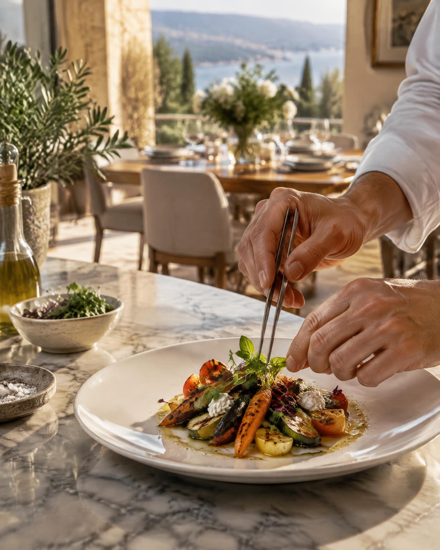 Hands finishing a plated Mediterranean vegetable dish in a villa kitchen