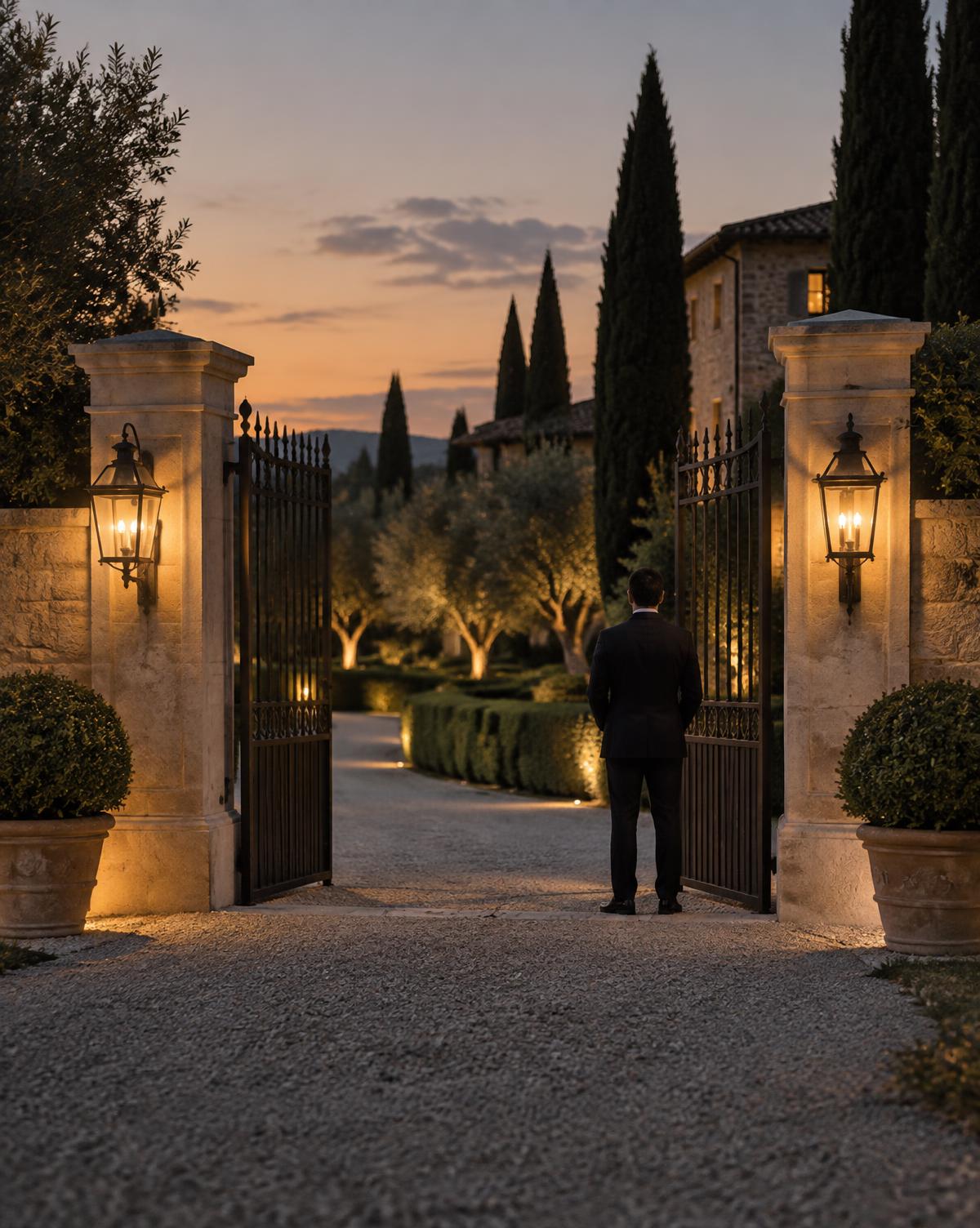 Illustration: a quiet estate gate at dusk with lanterns