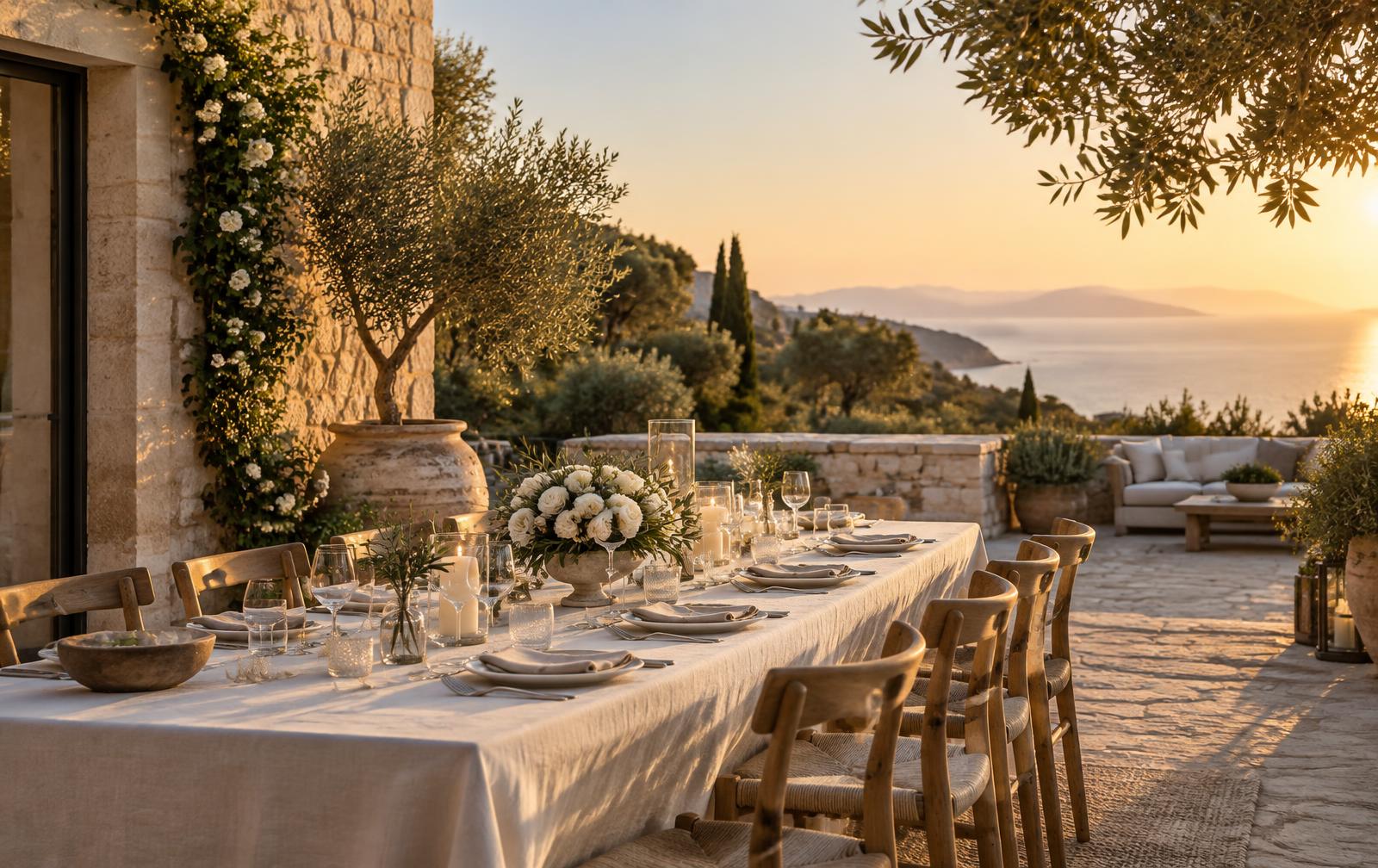 A long dining table dressed in linen on a villa terrace at golden hour